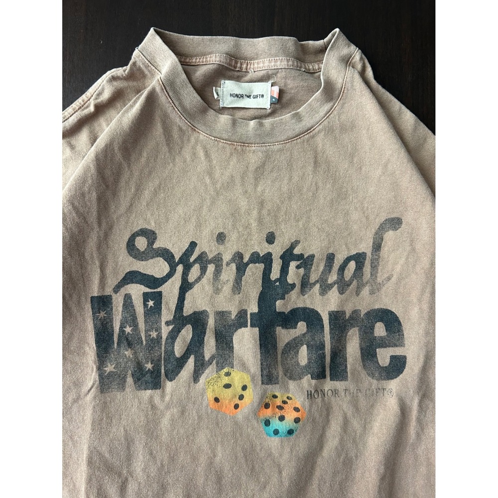 Honor The Gift Spiritual Warfare Graphic T-Shirt Tan Oversized Raw Hem XXL